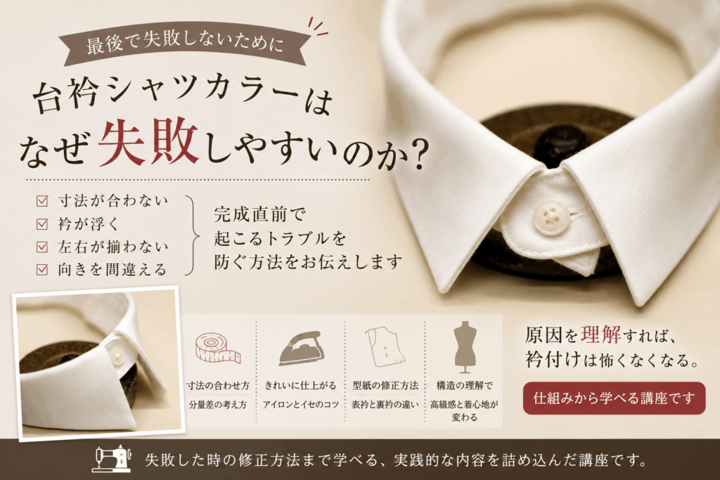 台衿付きシャツカラーを美しく失敗しないで縫うために